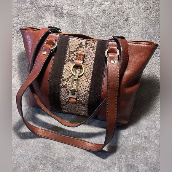 Etienne Aigner Cognac, Suede and Snakeskin Leather Tote w/ Silver Hardware - Picture 2 of 13